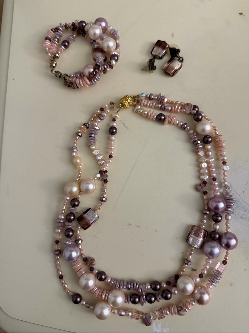 Multi-Strand Pink Pearl & Glass Bead Necklace Set with Earrings